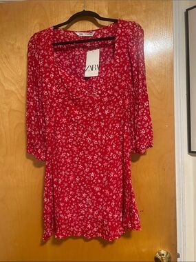 ZARA Red Floral V-Neck Mini Dress